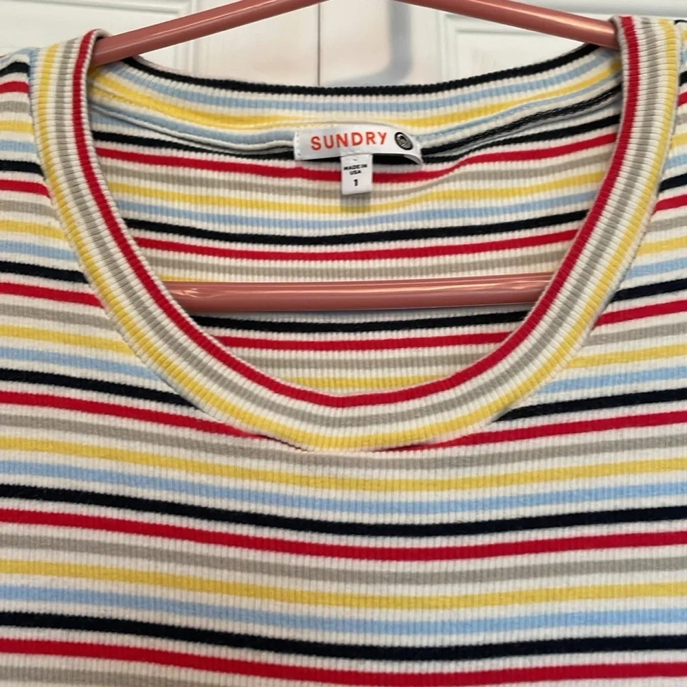 Sundry midi stripe dress Sz 1 Horizontal stripes navy white pale blue yellow red